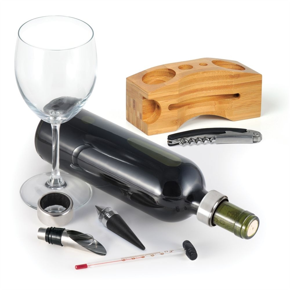 Kit Para Vinho Com Base Em Bambu - 7 Pçs